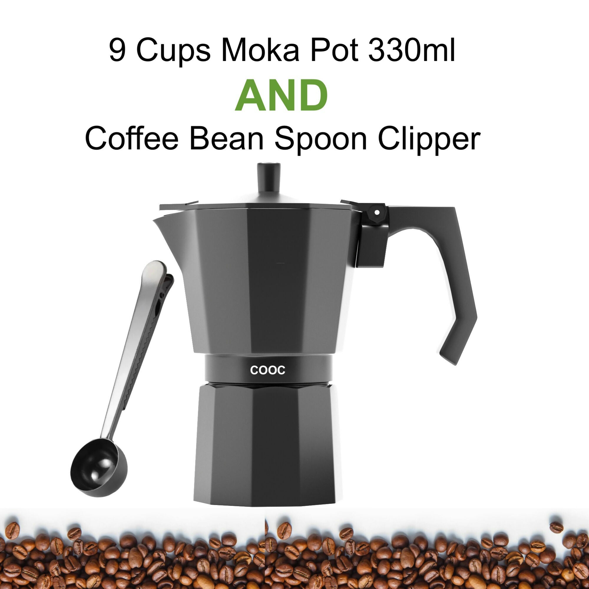 COOC 9 cups stovetop moka pot with free multi function coffee bean spoon clip 330mL